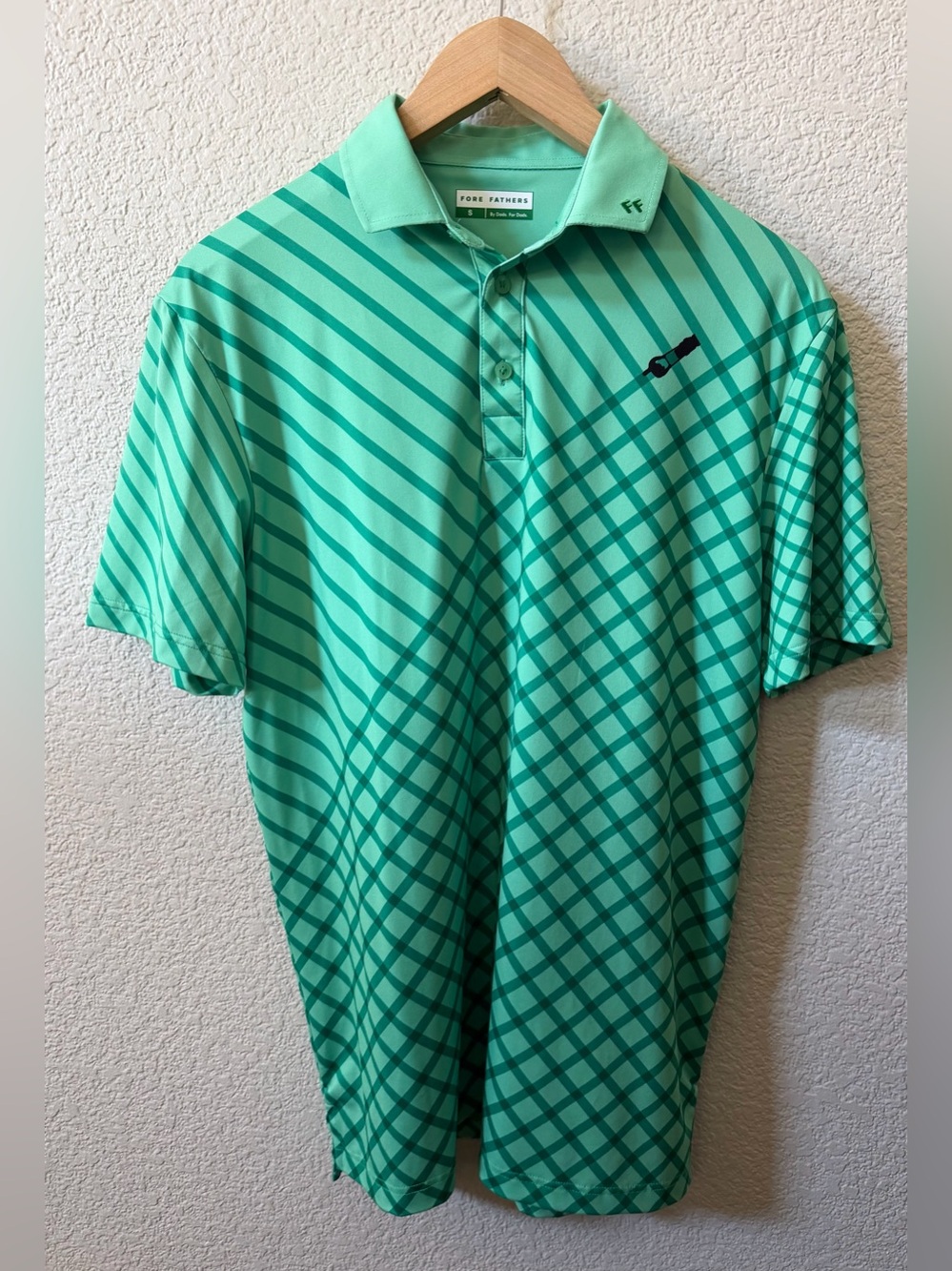 Fore Fathers Men’s Size Small Turf Dad Green Golf Polo Mowed Grass Print